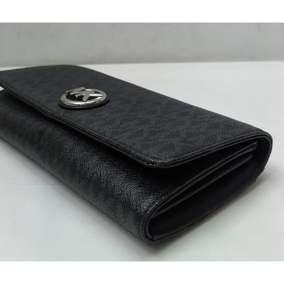 Michael Kors Black Leather MK Printed Round Logo Credit Card Bifold Wallet - Picture 7 of 16